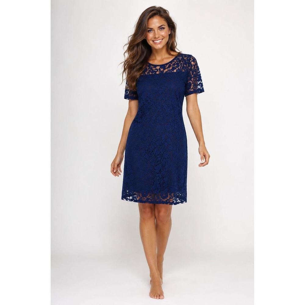 Nina Leonard Navy Lace Midi Dress Quiet Luxury Romantic Parisian L Old Money